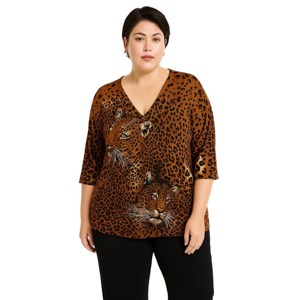 Pierri New York Women's Leopard Print Beaded Embellished V-Neck Blouse Size 2X